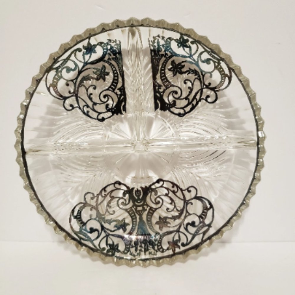 Glass Divided Dish with Silver Overlay Vintage